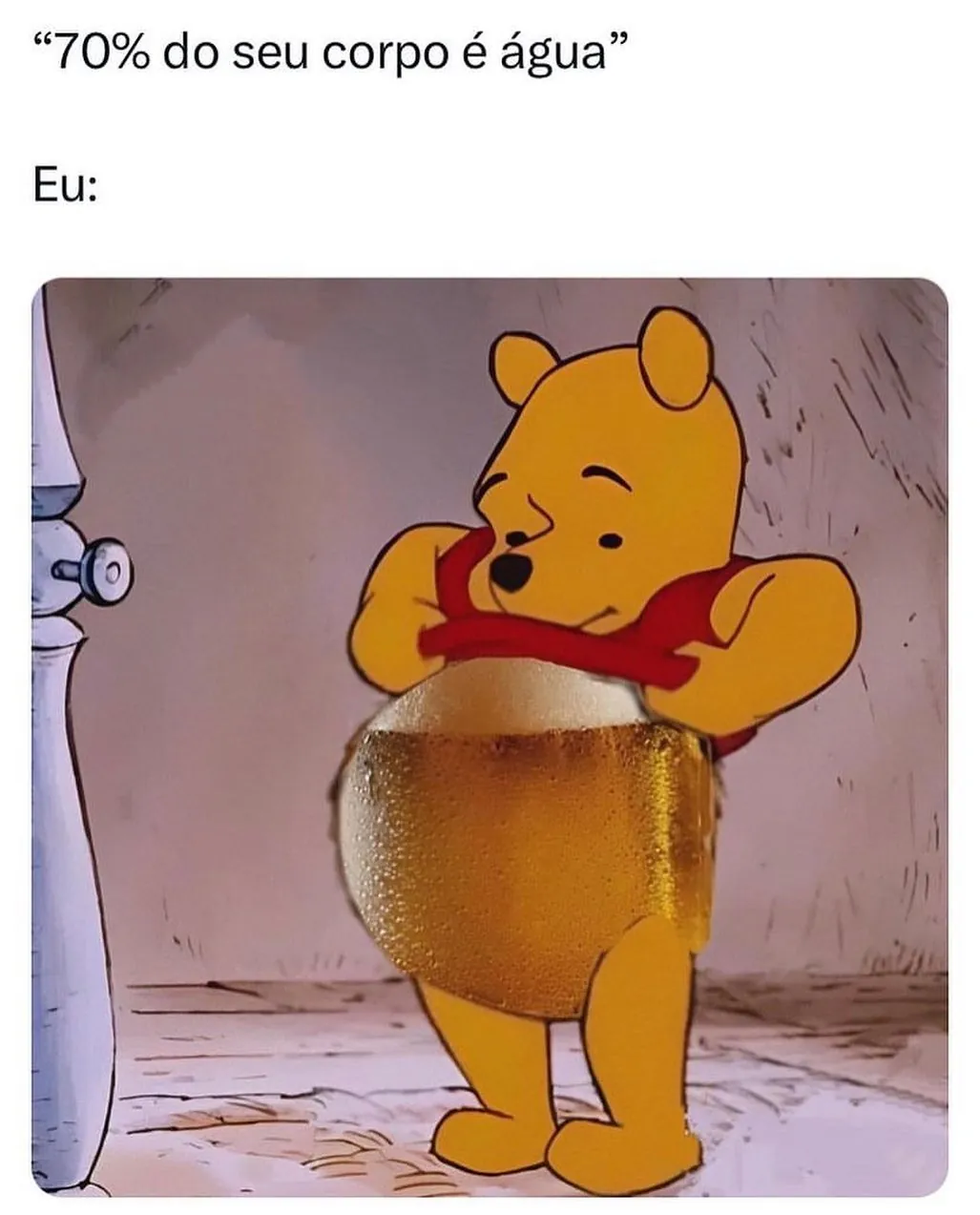 meme de ursinho pooh com barriga de cerveja após texto 70% do seu corpo é água