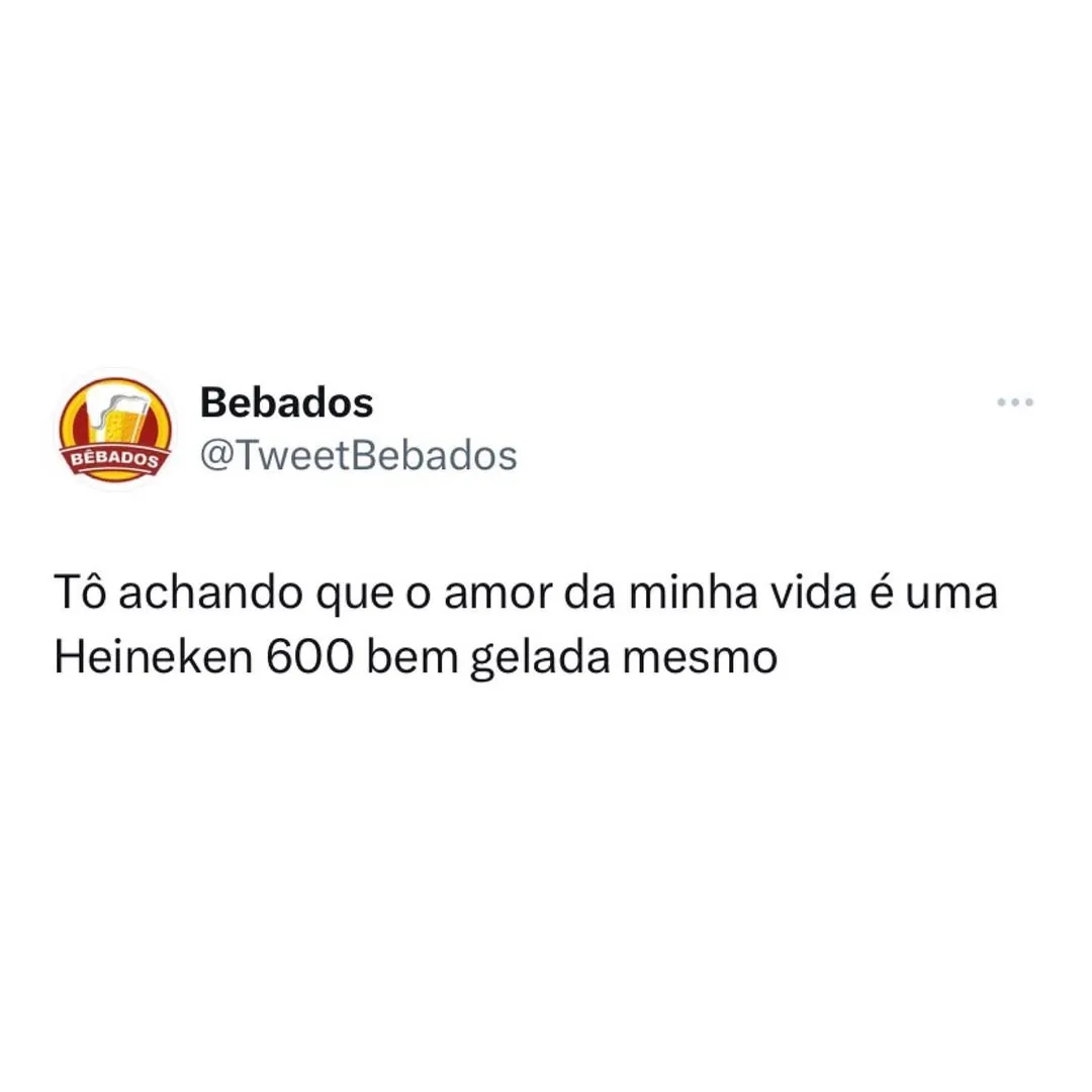 Meme de texto sobre achar que o amor da vida é uma Heineken 600 bem gelada.