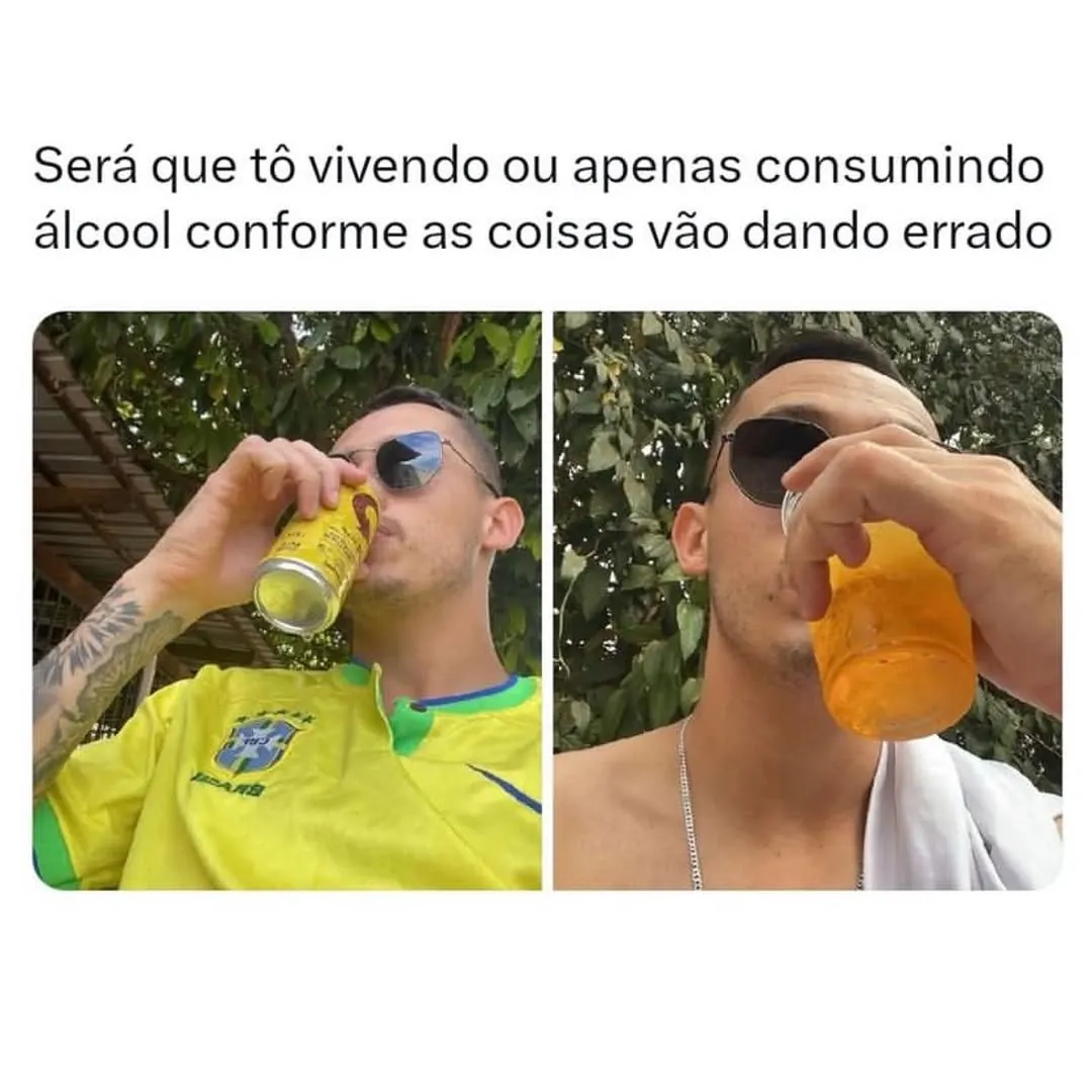 Homem de óculos bebe em duas fotos enquanto a legenda fala sobre beber conforme as coisas dão errado
