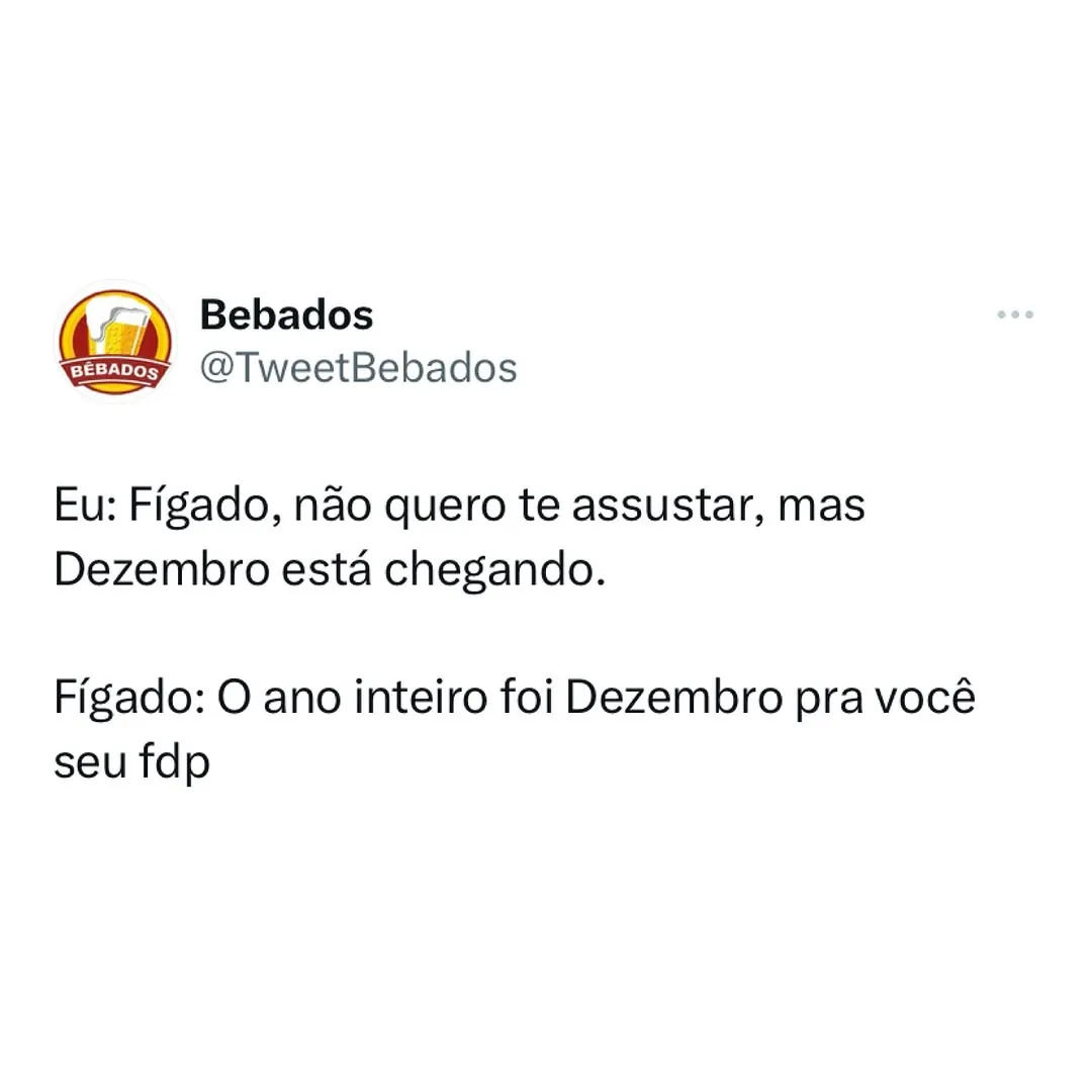 meme de texto com perfil Bebados e conversa sobre fígado e dezembro chegando