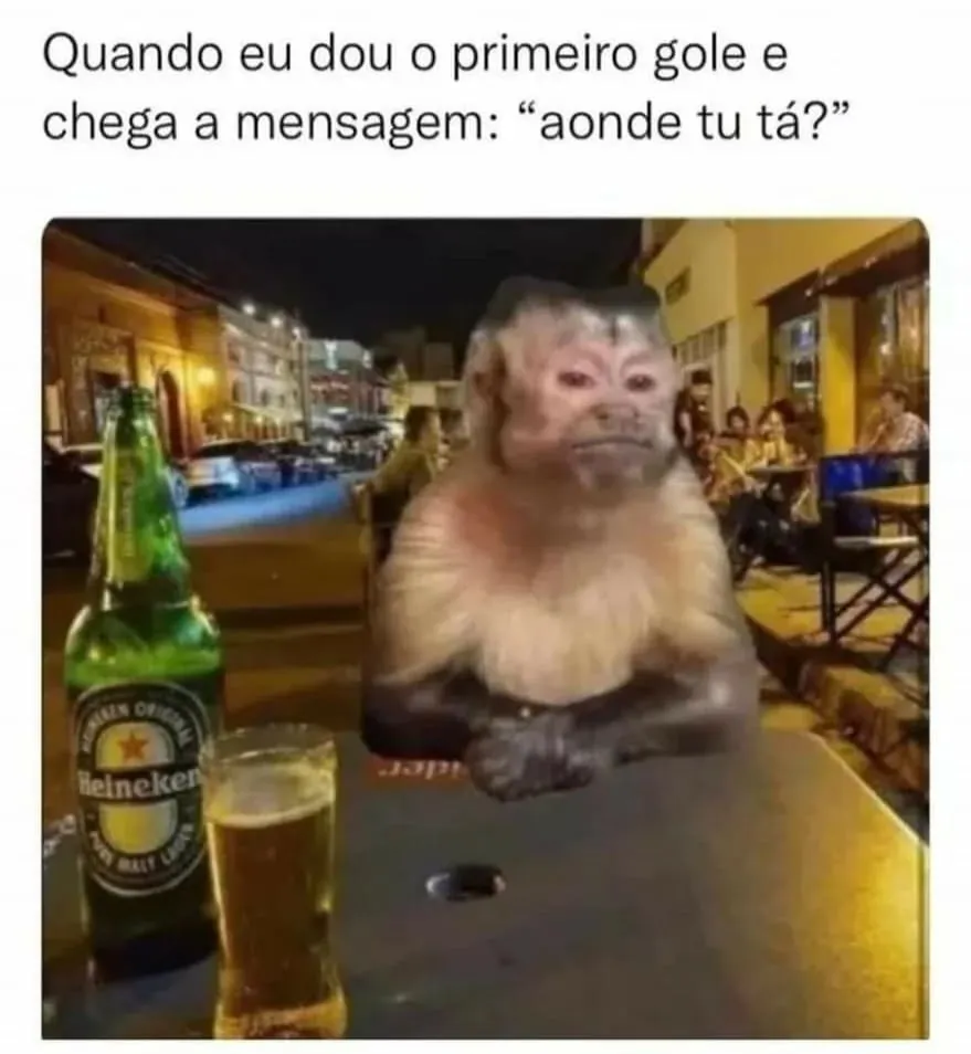 Meme de macaco sério tomando cerveja no bar após receber mensagem perguntando “aonde tu tá?”