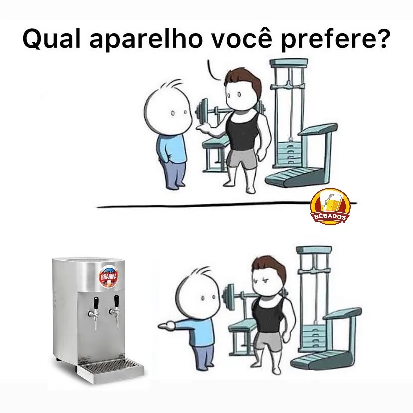 meme de qual aparelho você prefere com personagem na academia e uma chopeira Brahma ao lado