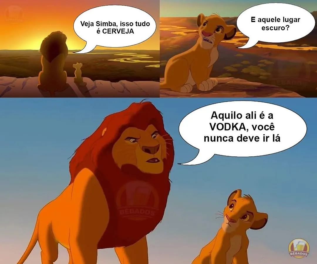 Meme de Simba e Mufasa falando sobre cerveja e vodka em uma paisagem do Rei Leão