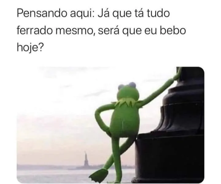 Meme de Caco, o Sapo pensativo diante de um monumento sobre tudo ferrado e beber hoje.