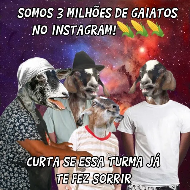 Meme de 3 milhões de gaiatos no Instagram, com quatro cabras vestidas como pessoas em um cenário espacial.