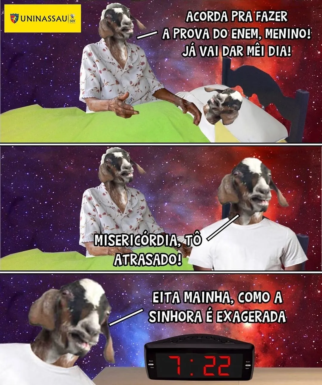 Meme de um bode atrasado para a prova do Enem olhando o relógio que marca 7h22.