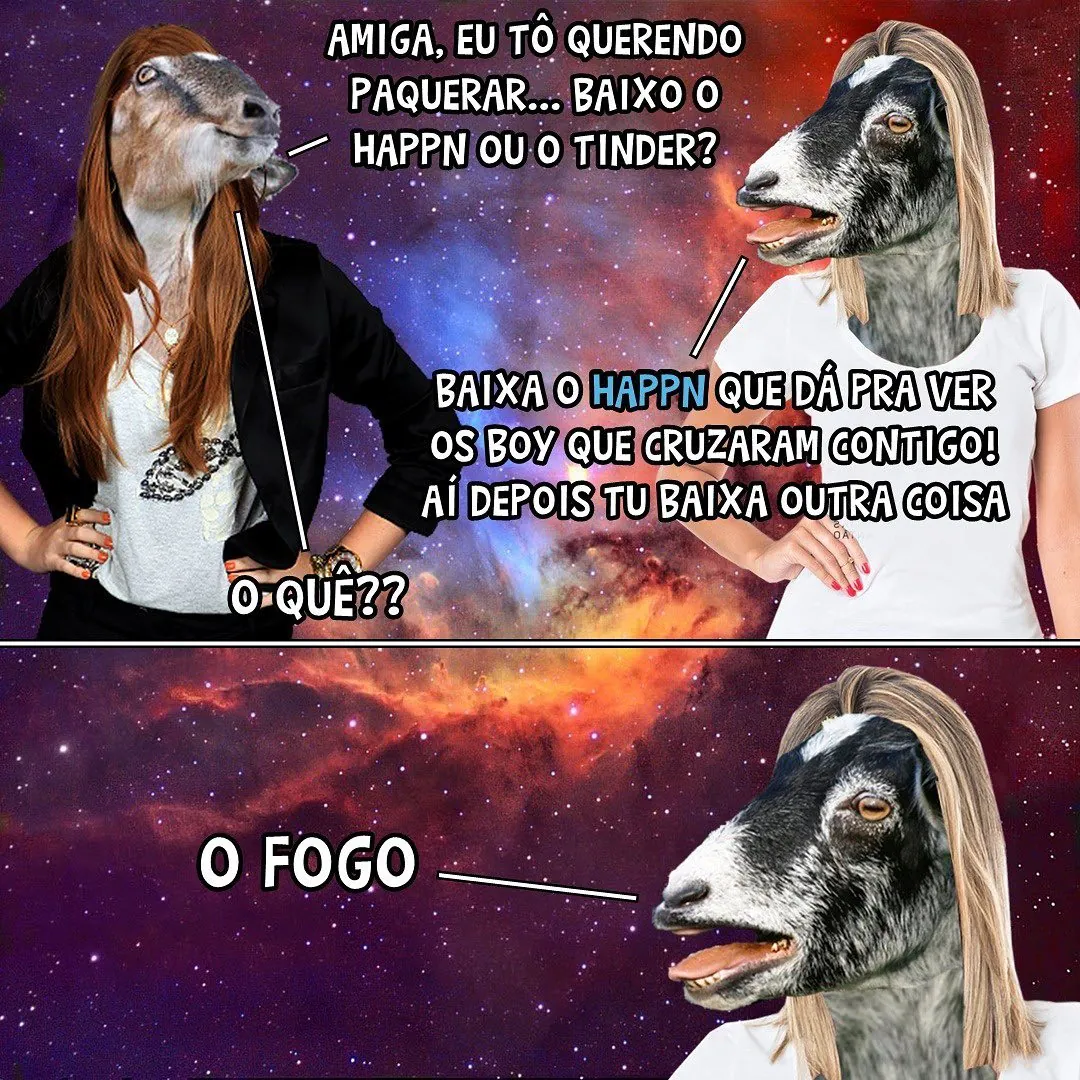 meme de duas cabras com perucas conversando sobre baixar o Happn e o Tinder