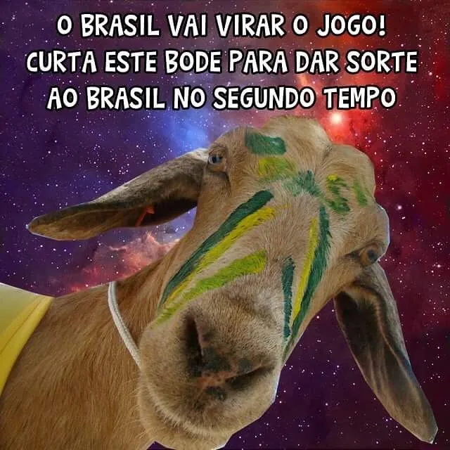 Meme de bode com pintura verde e amarela sobre fundo espacial, usado para dar sorte ao Brasil no segundo tempo