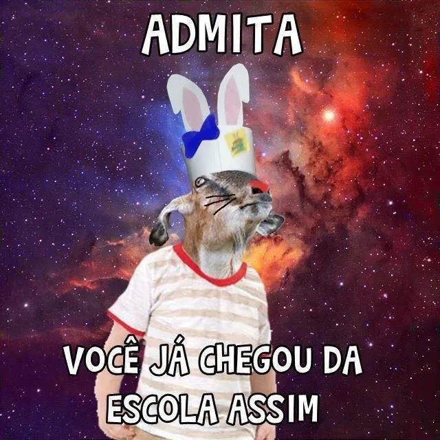 Meme de um animal fantasiado de coelho mostrando como é chegar da escola fantasiado.