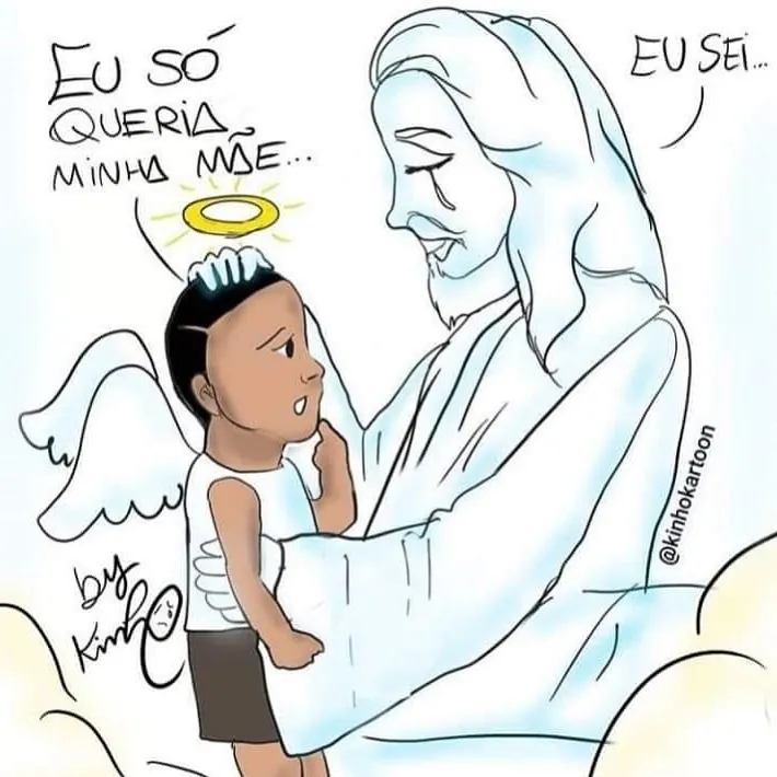 meme do anjinho dizendo eu só queria minha mãe enquanto jesus o abraça