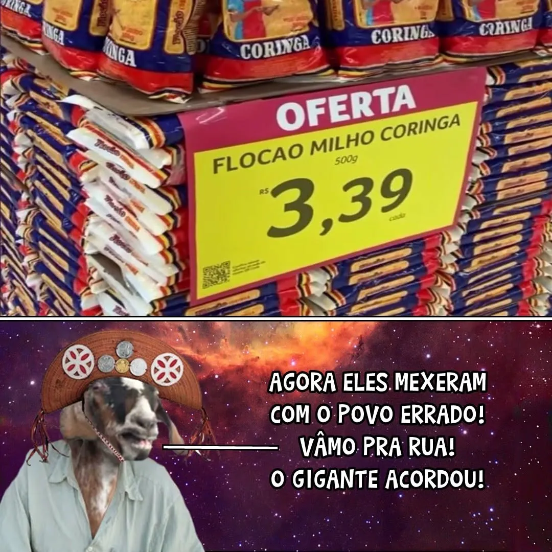 meme de flocão milho coringa em oferta com placa de preço e personagem dramático ao fundo