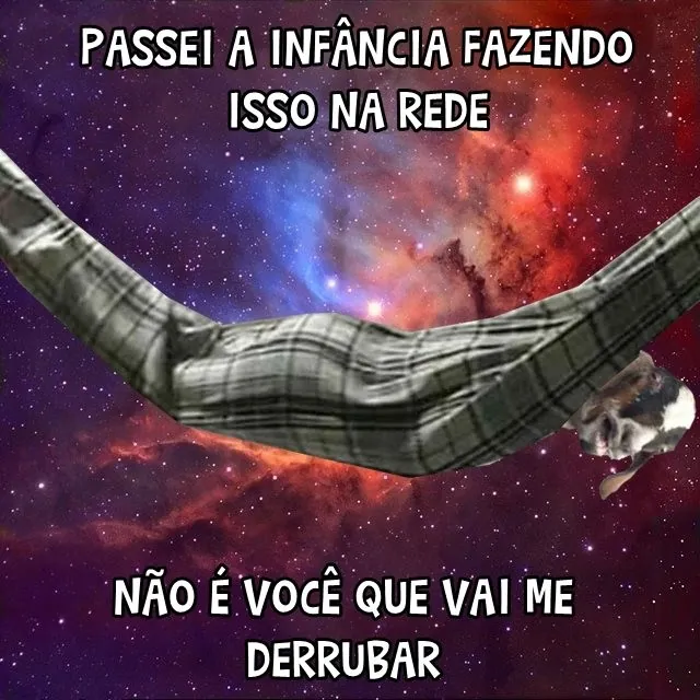 Meme de uma rede no espaço com uma pessoa pendurada e a frase sobre passar a infância na rede sem cair.