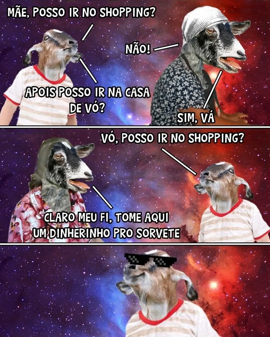 Meme de bode pergunta se pode ir ao shopping, recebe não da mãe e dinheiro da vó para sorvete.