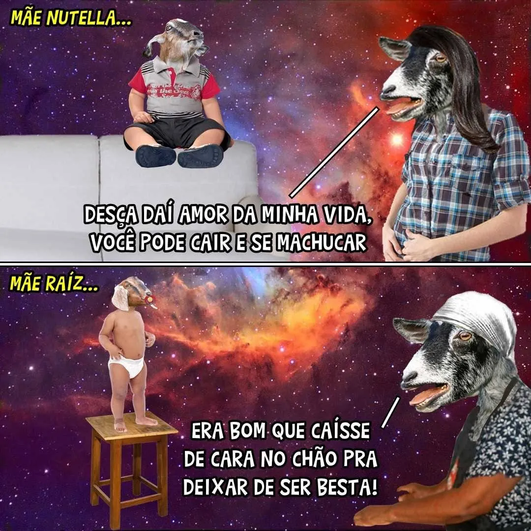 Meme de mãe Nutella protegendo criança e mãe raiz desejando que ela caia do móvel