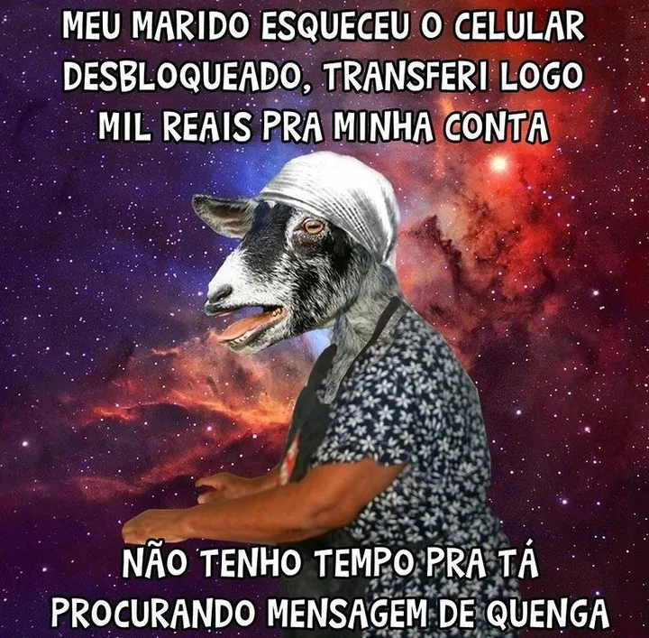 Meme de marido esqueceu celular desbloqueado: pessoa com cabeça de cabra faz Pix no espaço