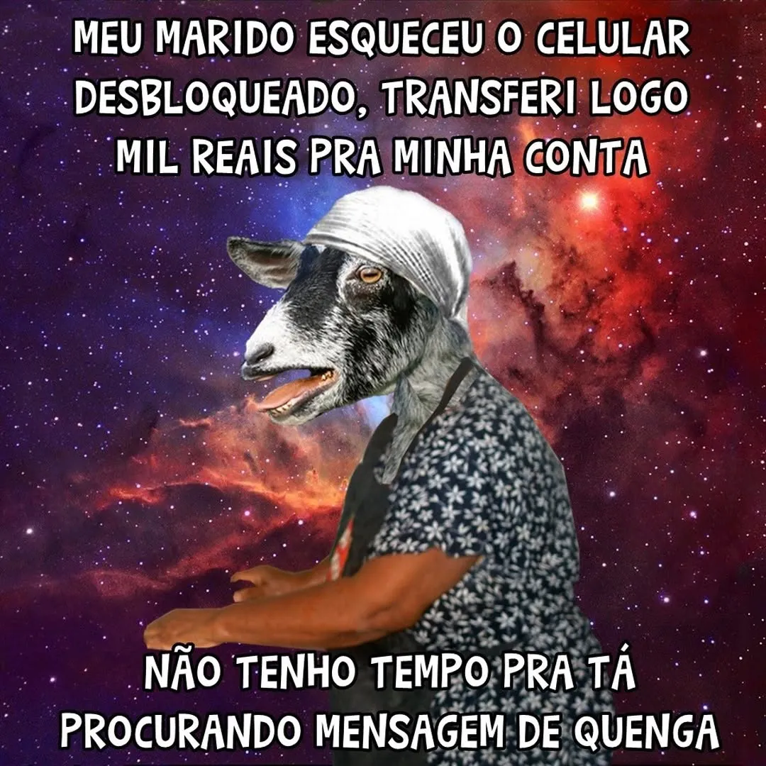 meme de mulher com cabeça de cabra e fundo espacial dizendo que o marido esqueceu o celular desbloqueado e ela transferiu mil reais