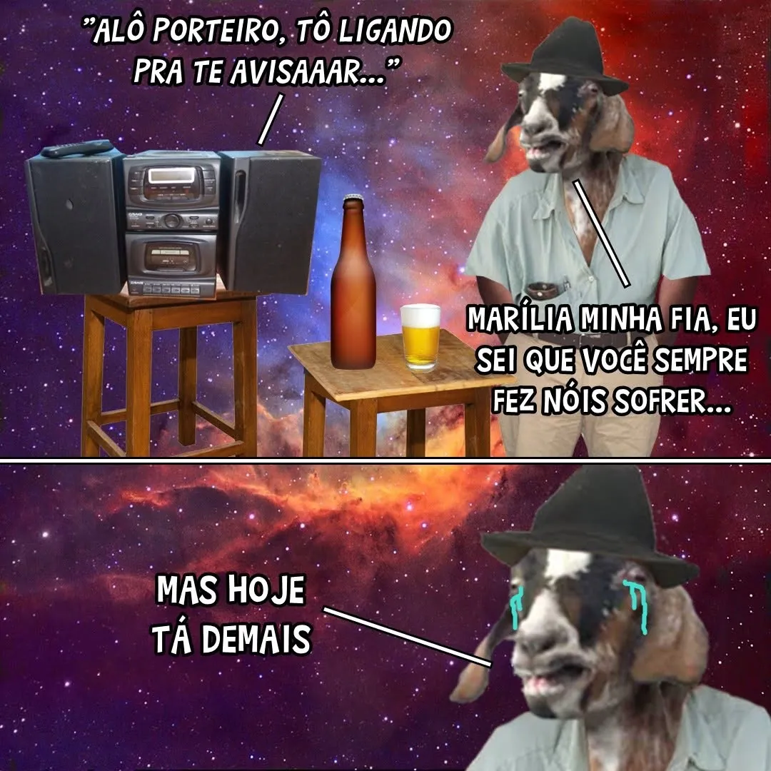 meme de porteiro e cabra de chapéu conversando em cenário espacial com mesa, garrafa e copo; hoje tá demais