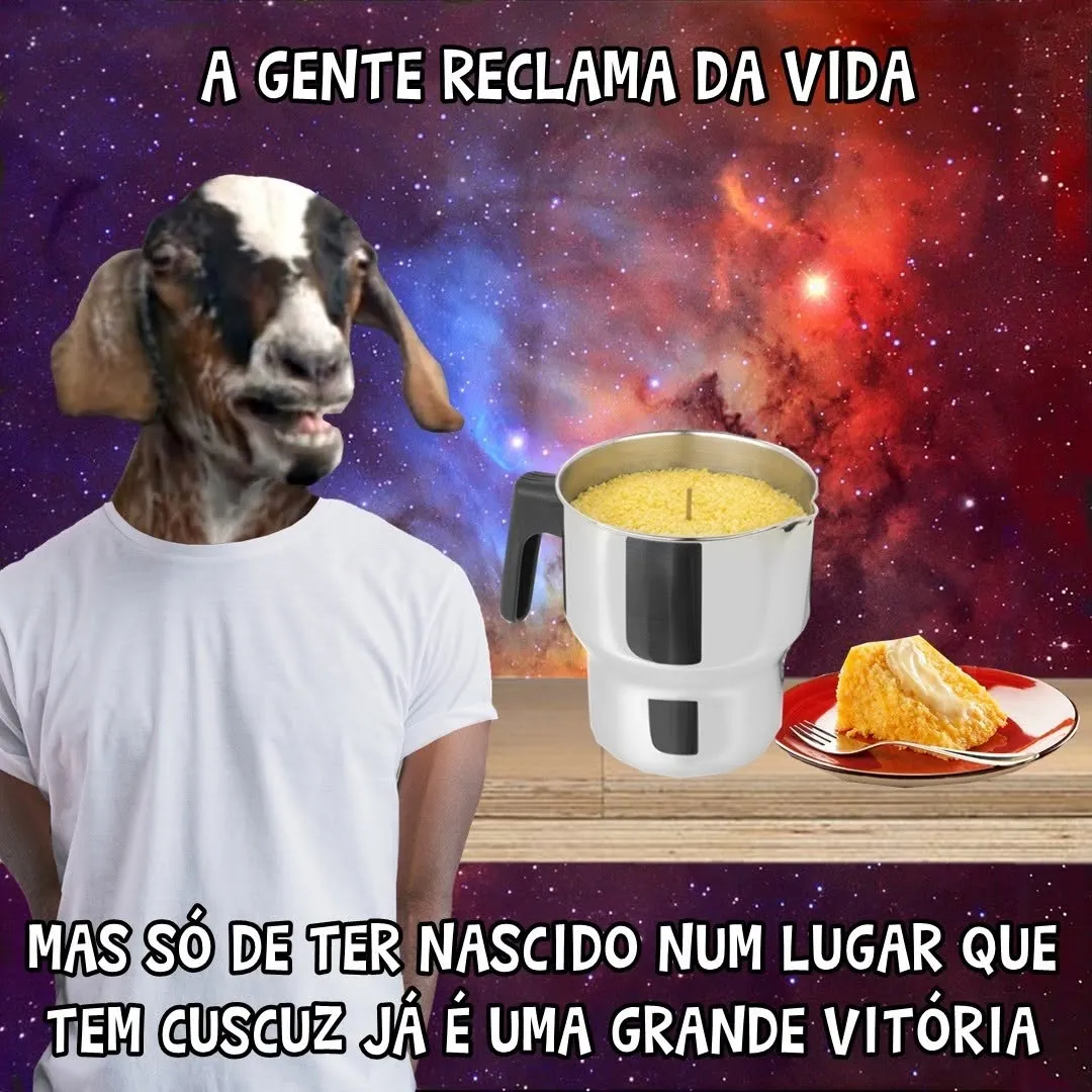 Meme de pessoa com cabeça de bode ao lado de uma cuscuzeira e prato de cuscuz sobre mesa.