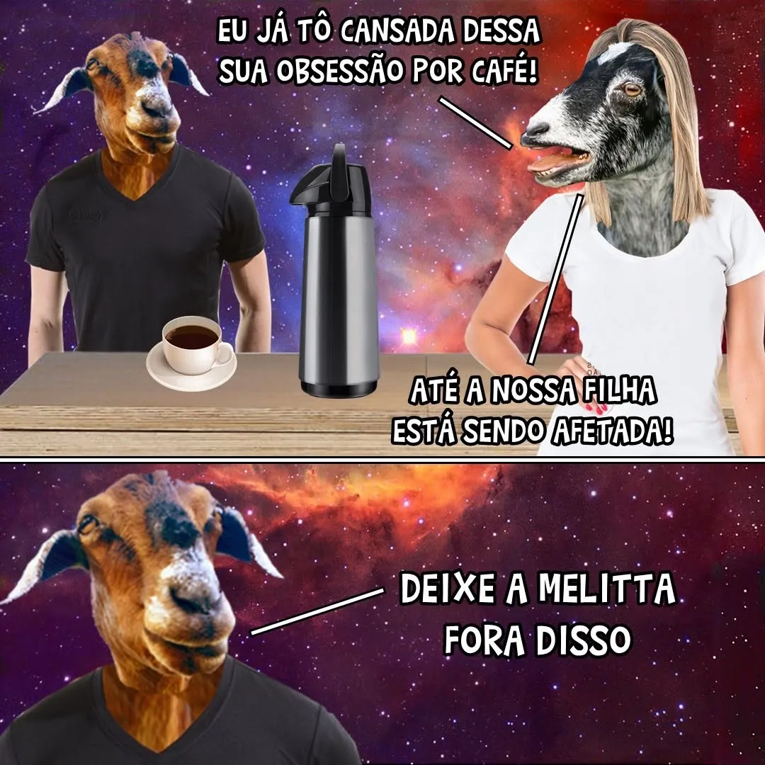 Meme de uma família de cabras discutindo a obsessão por café, com xícara e garrafa Melitta sobre a mesa.