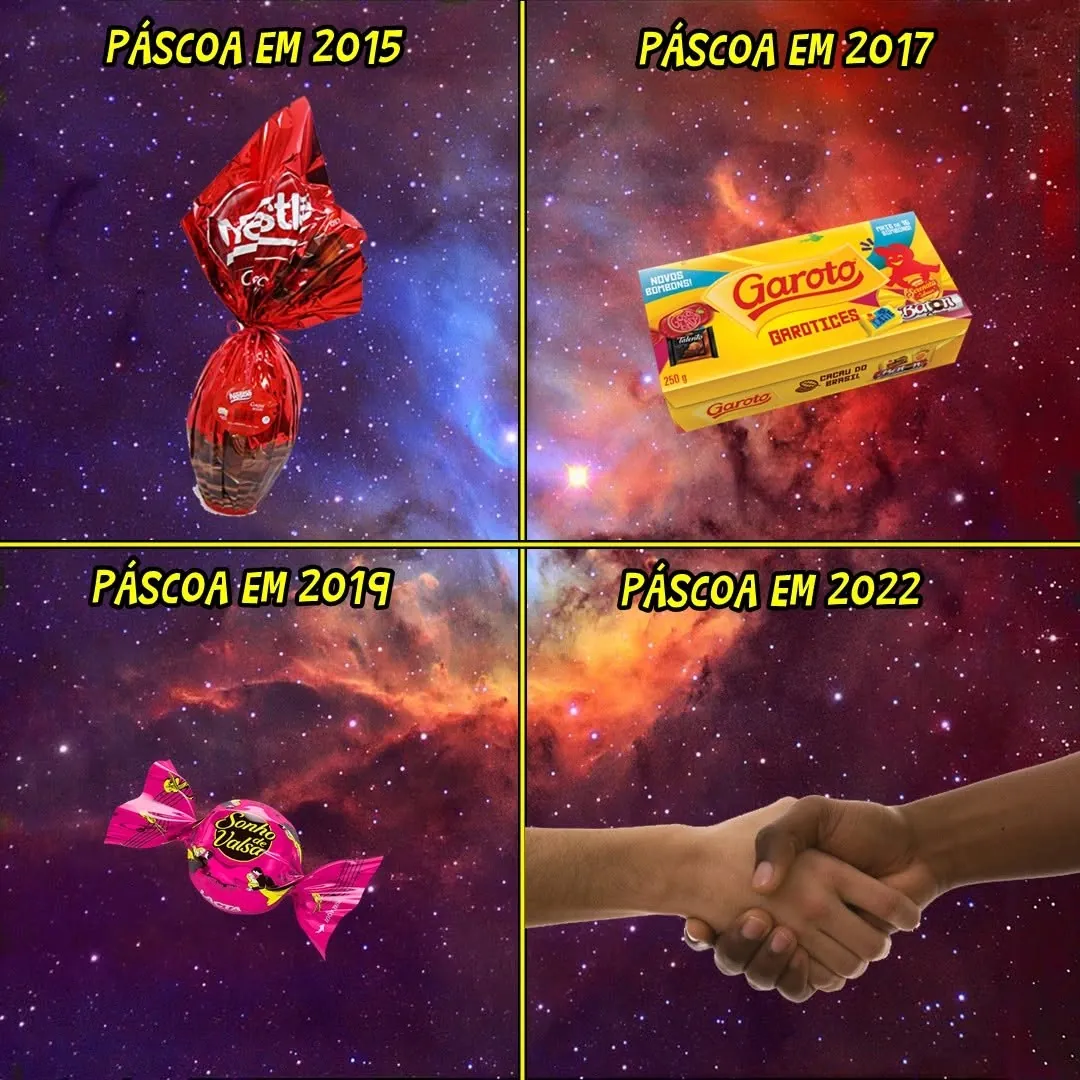 Meme de Páscoa com chocolate cada vez menor, terminando em um aperto de mão em 2022.