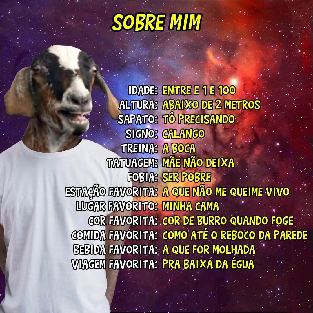 Meme de perfil sobre mim de pessoa pobre, com cabeça de animal e respostas absurdas sobre fome, azar e rotina.