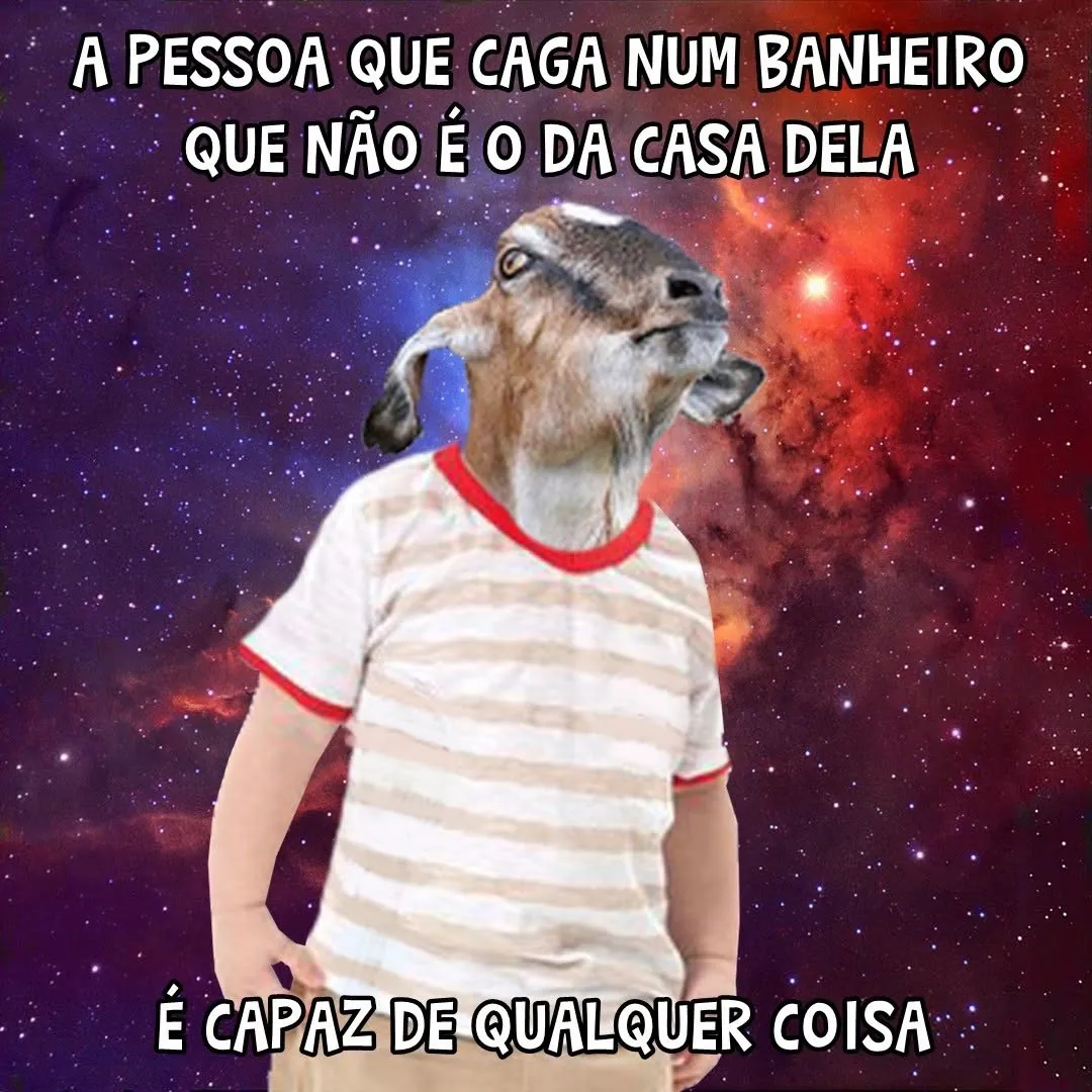 Meme de pessoa com cabeça de animal usando camiseta listrada sobre cagar no banheiro dos outros.