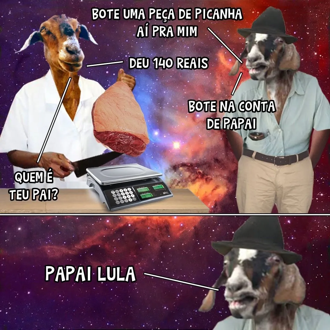 Bodes discutem uma peça de picanha de 140 reais na conta do papai Lula em cenário espacial
