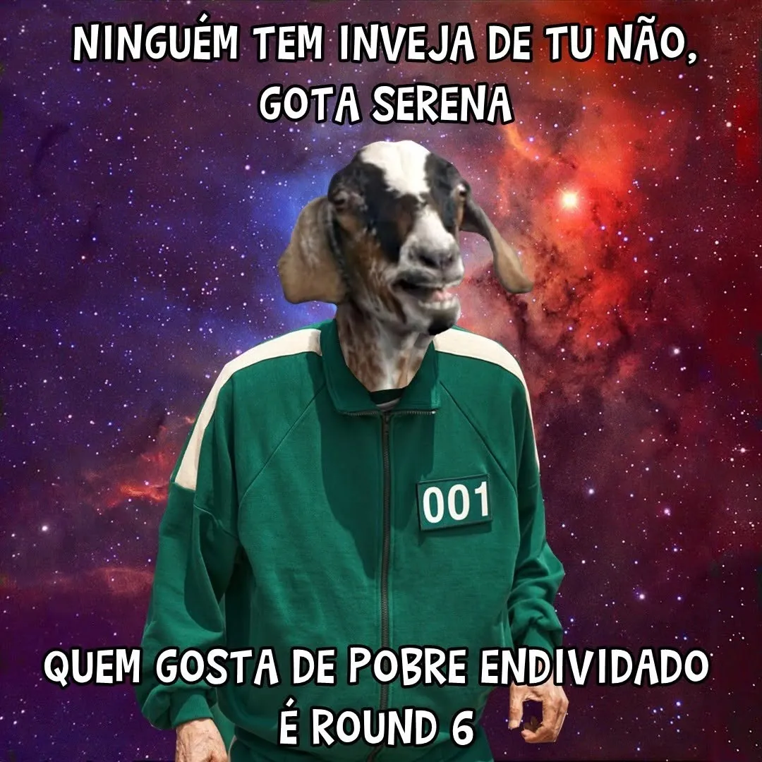 meme de pobre endividado em roupa verde com fundo espacial e texto sobre round 6