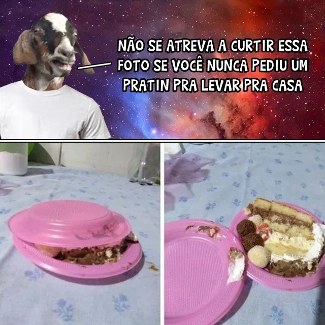 meme de pratinho pra levar pra casa com pote rosa aberto e comida sobrando na mesa