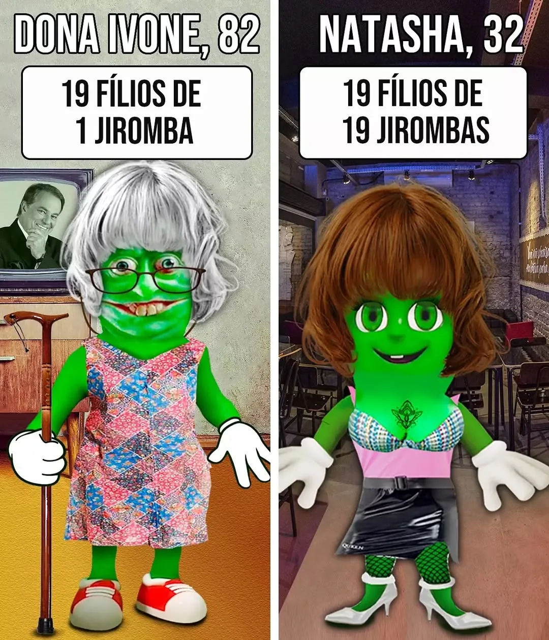 Meme de Dona Ivone e Natasha comparando 19 filhos de uma jiromba com 19 jirombas.