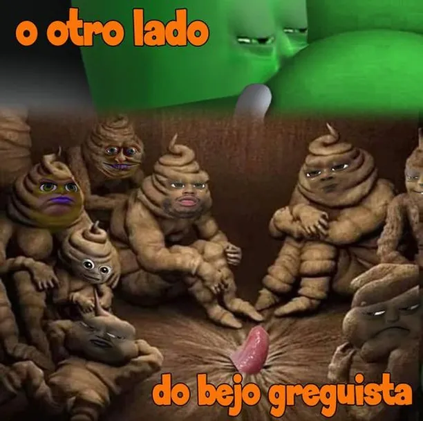 meme de o outro lado do beijo greguista com personagens estranhos sentados em círculo e texto laranja