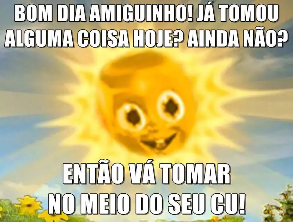 meme de sol sorridente com texto de bom dia amiguinho e xingamento debochado