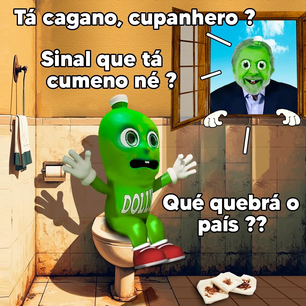 meme de banheiro com boneco verde sentado no vaso e texto sobre estar cagando e comendo o país