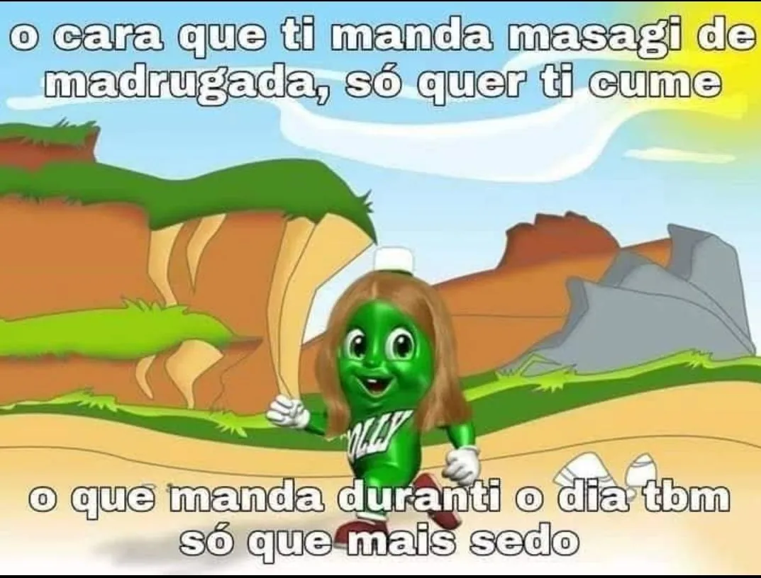 Meme de personagem verde segurando uma mochila sobre o cara que manda mensagem de madrugada.