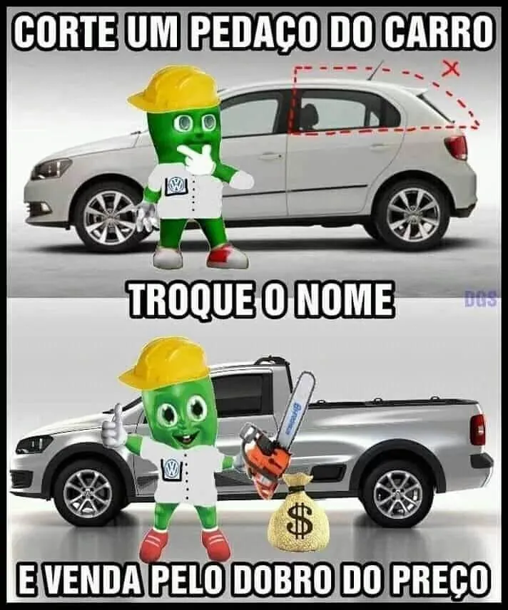 Meme de mascote cortando a traseira de um carro e transformando-o em picape pelo dobro do preço