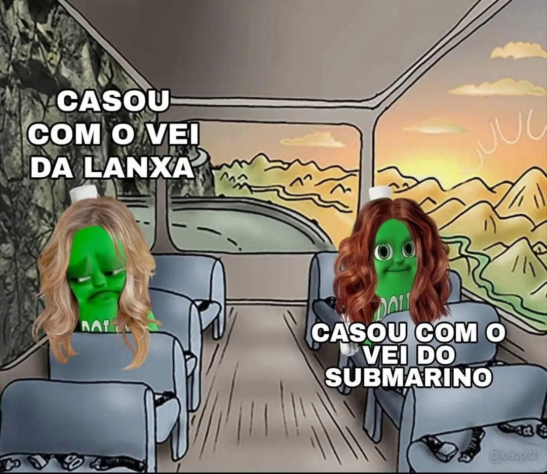 meme de duas pessoas verdes sentadas no ônibus com os textos casou com o vei da lanxa e casou com o vei do submarino