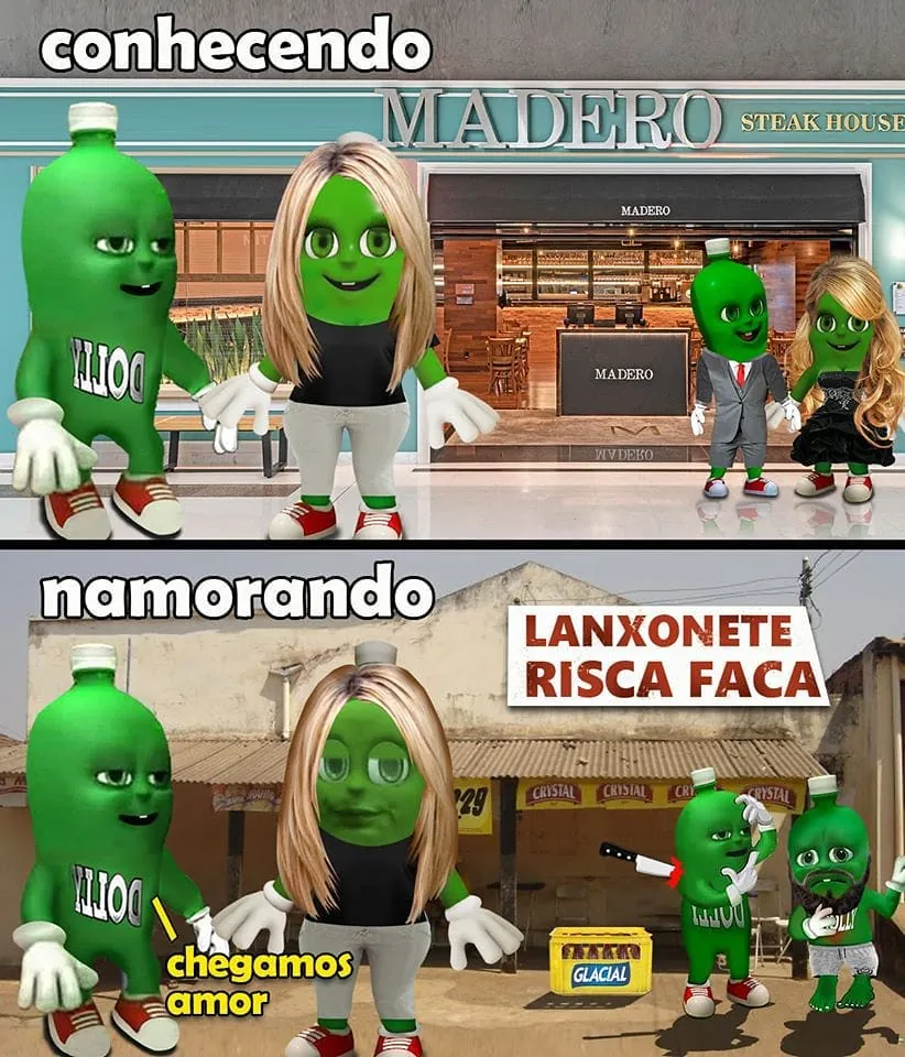 Meme de conhecendo vs namorando: casal vai do restaurante Madero para uma lanchonete risca faca.