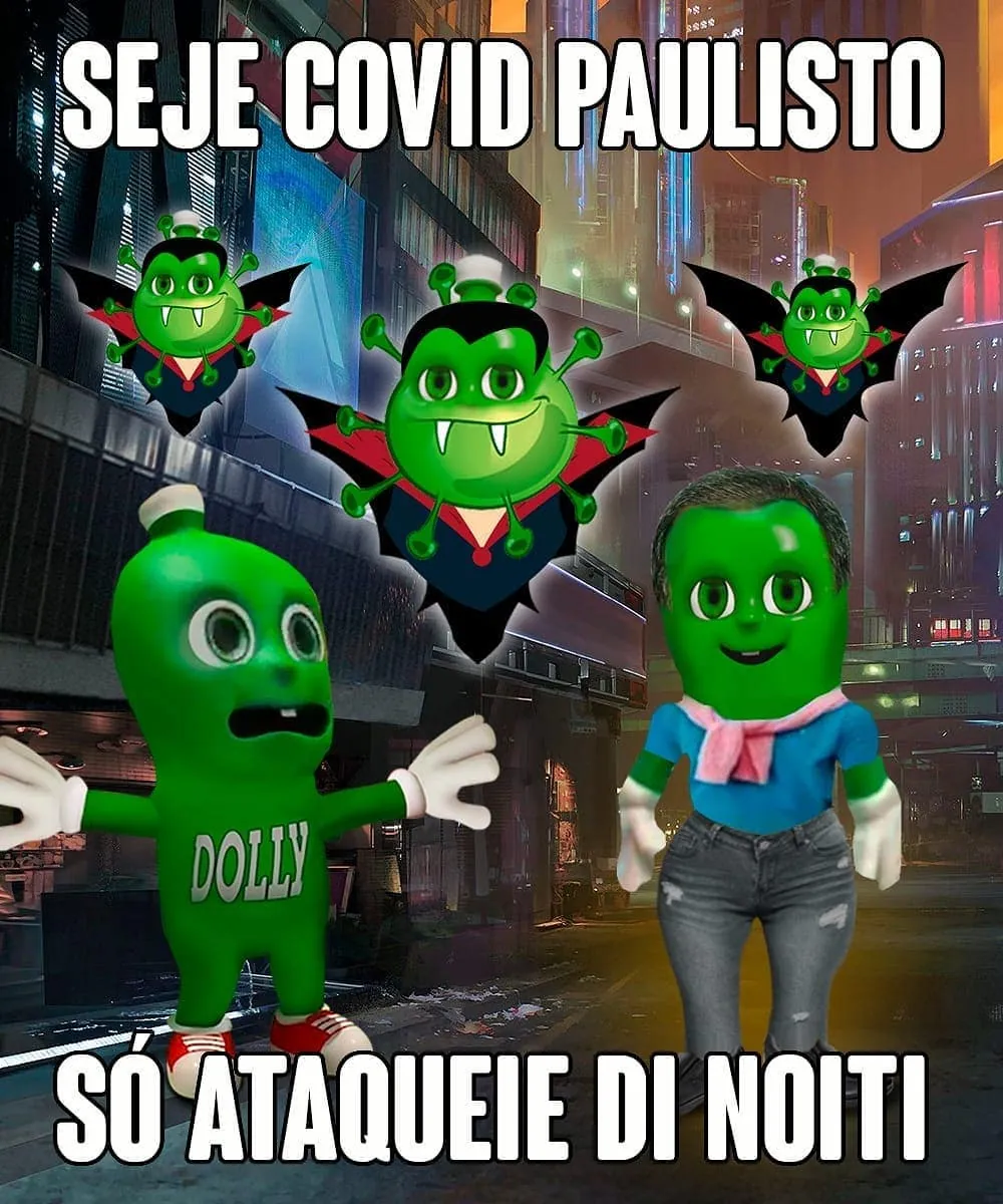 Meme de covid paulista atacando à noite, com vírus verdes e mascotes em uma rua urbana iluminada.