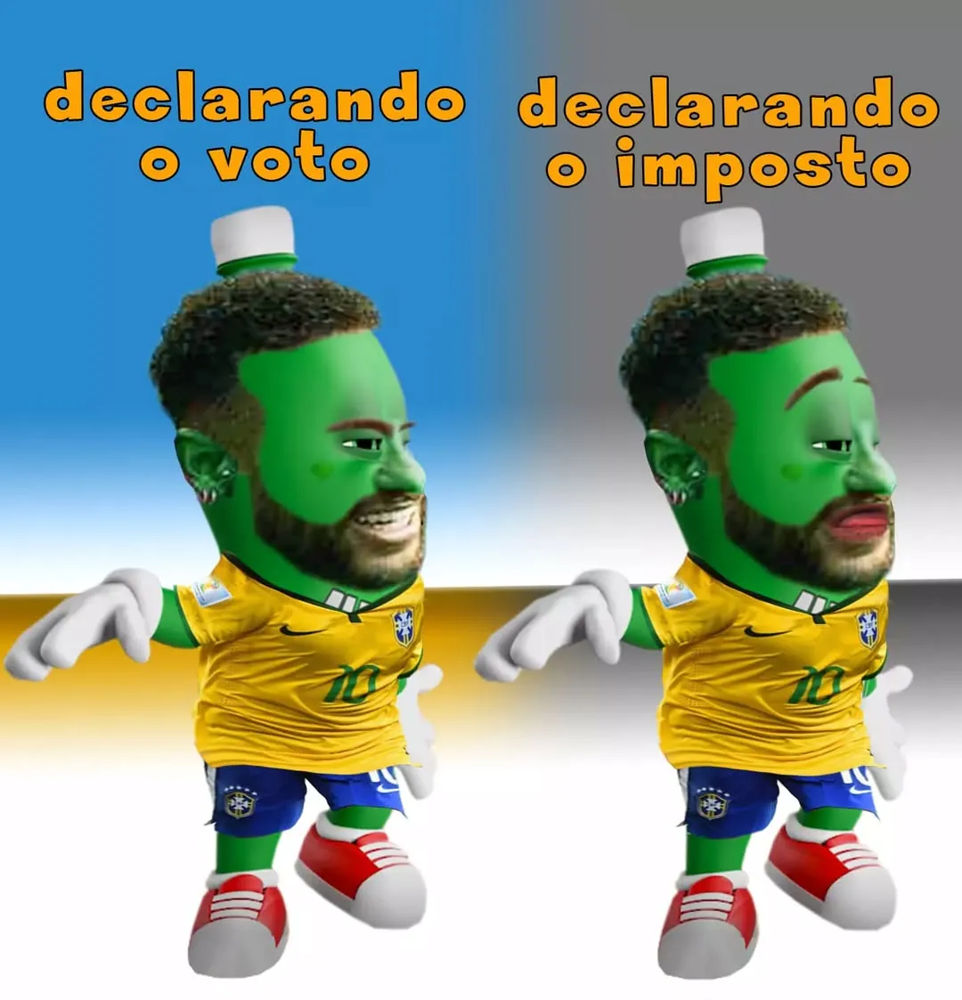 Meme de personagem verde com camisa do Brasil declarando o voto feliz e o imposto com cara séria