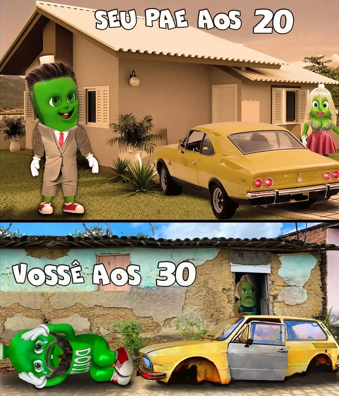 Meme de expectativa aos 20 com casa e carro novos versus realidade aos 30 com casa caindo e carro velho