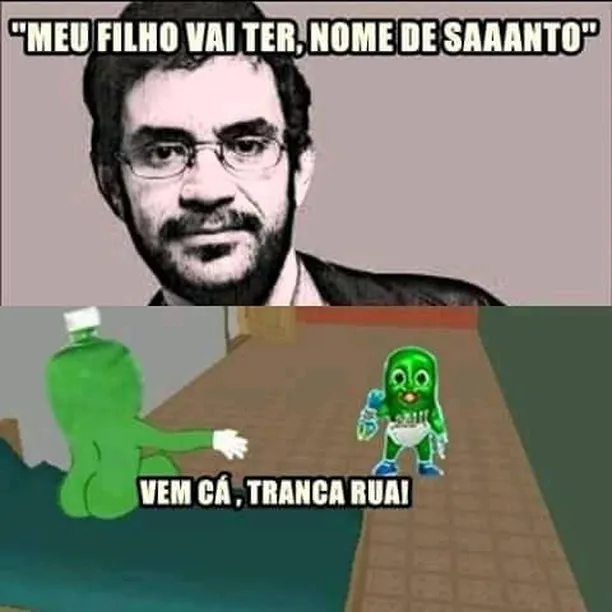 Homem anuncia filho com nome de santo enquanto personagem verde chama Tranca-Rua
