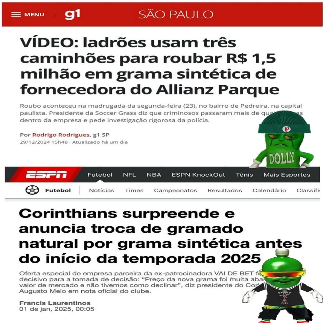 meme de grama sintética com manchetes do g1 e ESPN sobre Corinthians e roubo de caminhões