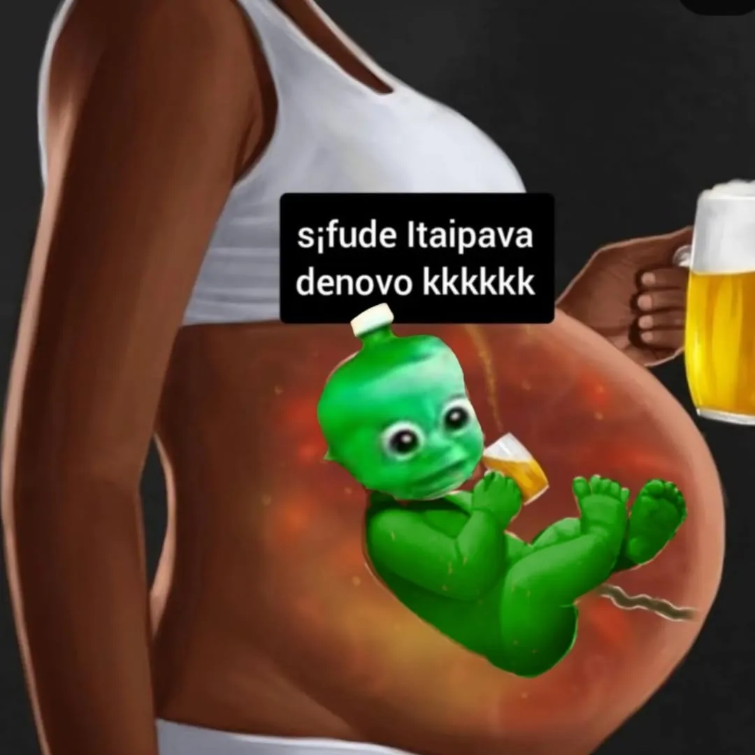 meme de gravidez com cerveja Itapava, bebê verde segurando copo de cerveja e texto em destaque