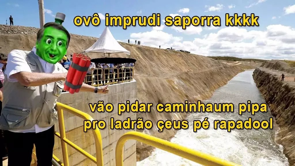 Meme de homem com dinamite diante de uma barragem, sobre explodir tudo e pedir caminhão-pipa.