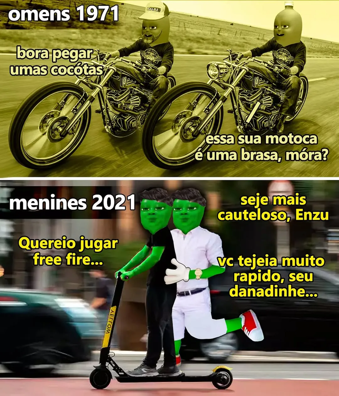 Meme de homens 1971 em motos contrastados com meninas 2021 em patinete jogando Free Fire.