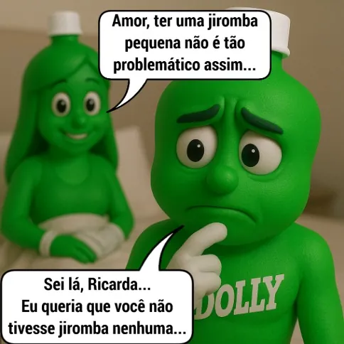 meme de dois personagens verdes da Dolly conversando sobre jiromba pequena em uma cena de relacionamento