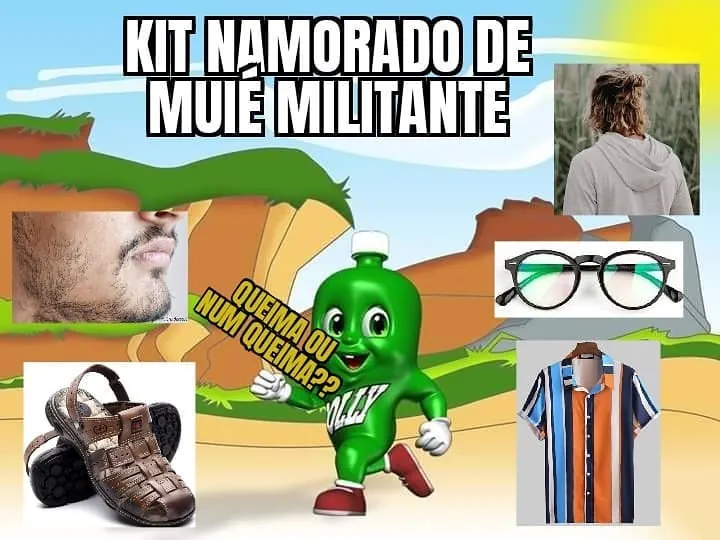 Meme de kit namorado de muié militante com óculos, sandália, camisa listrada e personagem verde ao centro