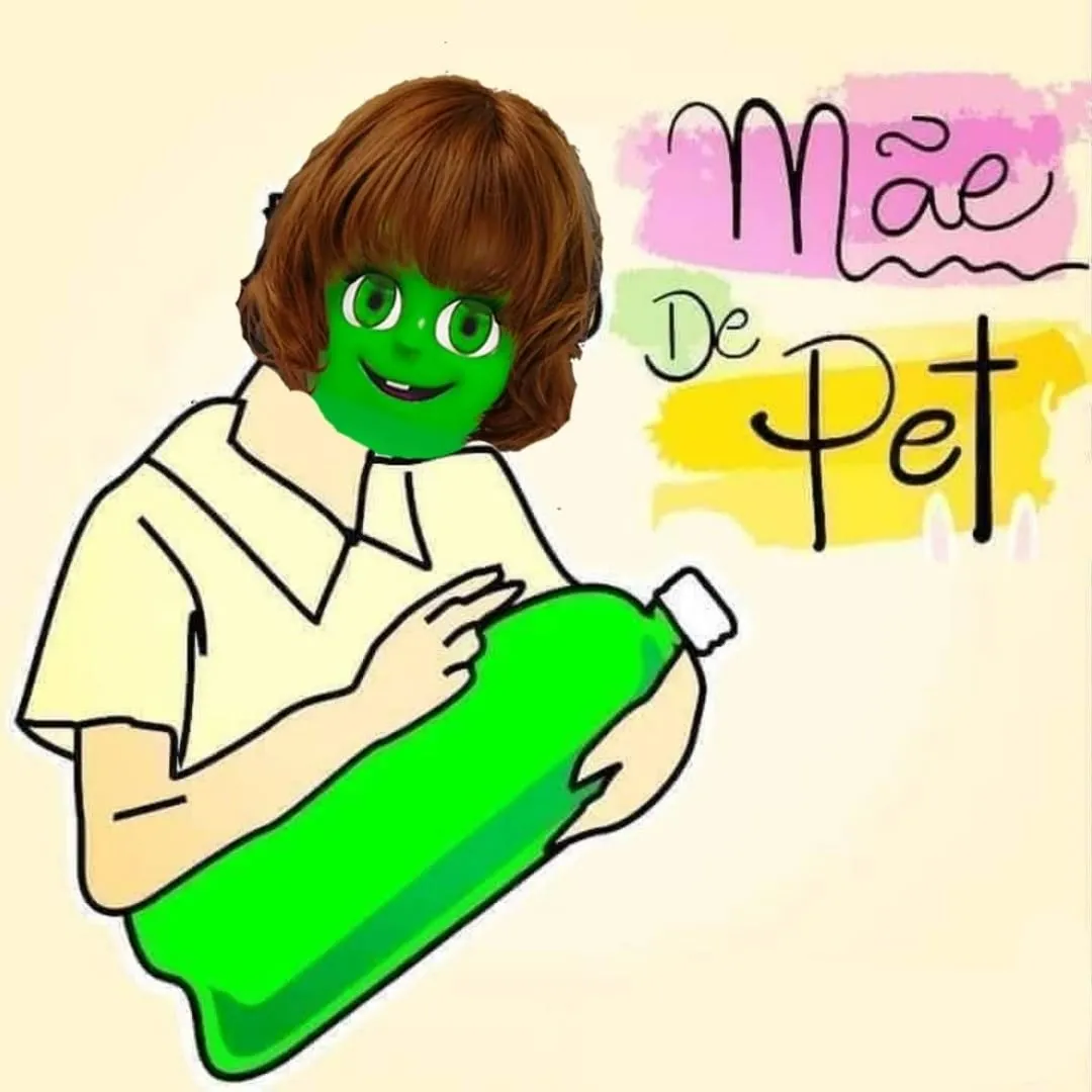 meme de mãe de pet com personagem segurando uma garrafa verde e texto colorido ao lado