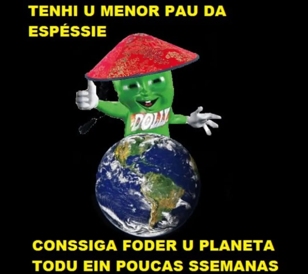 Meme de personagem verde com chapéu vermelho sobre a Terra dizendo que o menor pau da espécie fode o planeta.