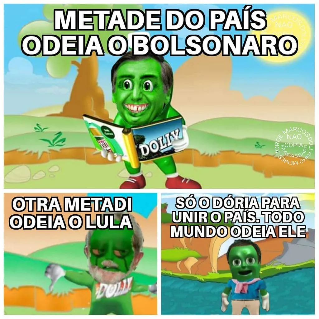 Meme de personagens verdes mostrando metade do país que odeia Bolsonaro e outra metade que odeia Lula.